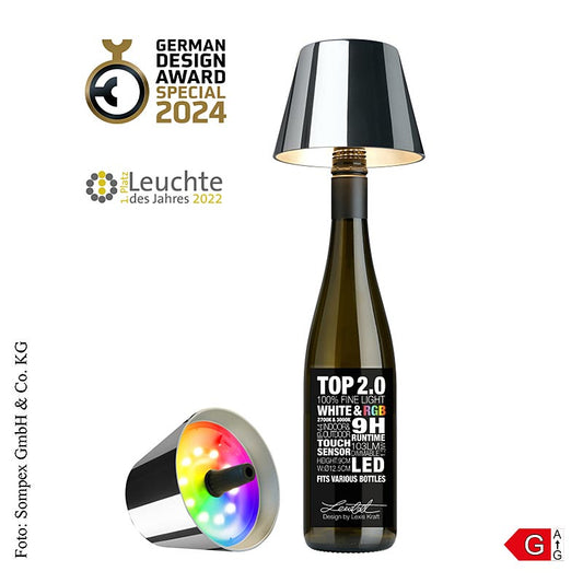 Modern Tafellamp TOP20 in chroom, 11x125cm, made of kunststof, with oplaadbare batterij, designed for flessen (72550)