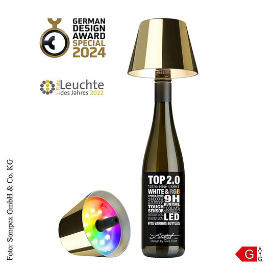 Moderne gouden kunststof tafellamp TOP20, speciaal ontworpen voor flessen, met oplaadbare batterij, afmeting 11x125cm (72551)