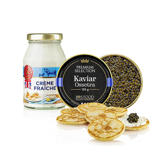 Bos kaviaarschepenset (125 g Ossetra kaviaar, blini's, crème fraiche), 430 g, 3 stuks.