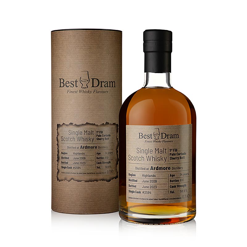 Highland Single Malt Whisky Ardmore 14 J Best Dram Palo Cortado, 58,9 vol%, 700 ml bottle with elegant packaging