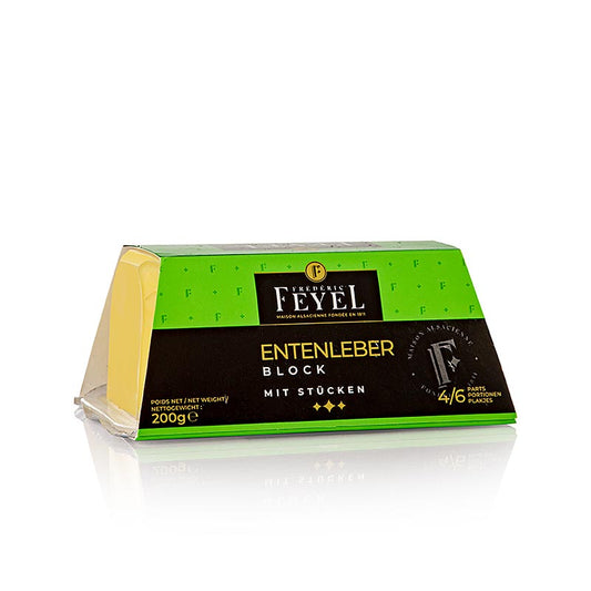 Eendenleverblok, foie gras, trapeziumvormige schaal, Feyel, 200 g