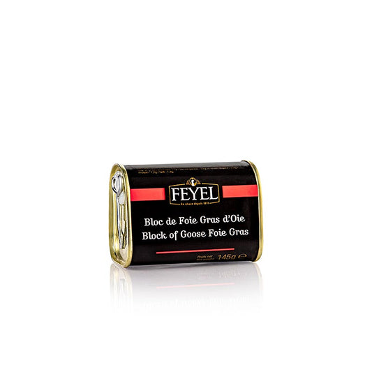 Blok ganzenlever, foie gras, trapeziumvormig blikje, Feyel, 145 g