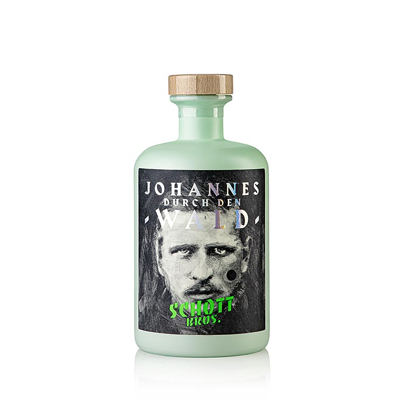 Schott Johannes door het bos Soonwald Gin uit Duitsland, met een alcoholpercentage van 44% en een inhoud van 500 ml, afgebeeld op een fles met een bosachtig ontwerp