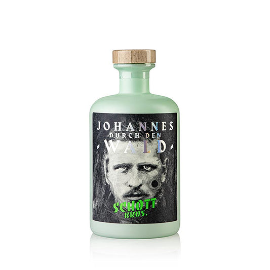 Schott Johannes door het bos Soonwald Gin uit Duitsland, met een alcoholpercentage van 44% en een inhoud van 500 ml, afgebeeld op een fles met een bosachtig ontwerp