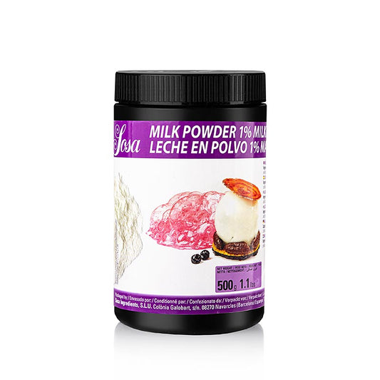 A 500 g package of Sosa XP Melkpoeder 1% vet (magere melk / mager) (44213) illustrating the low-fat powdered milk product