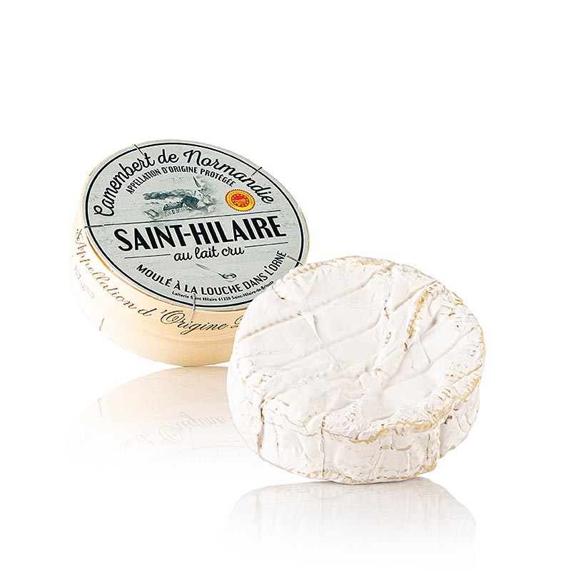 A 250g wheel of Camembert de Normandie AOP from Saint-Hilaire, showcasing its creamy texture and distinctive earthy aroma
