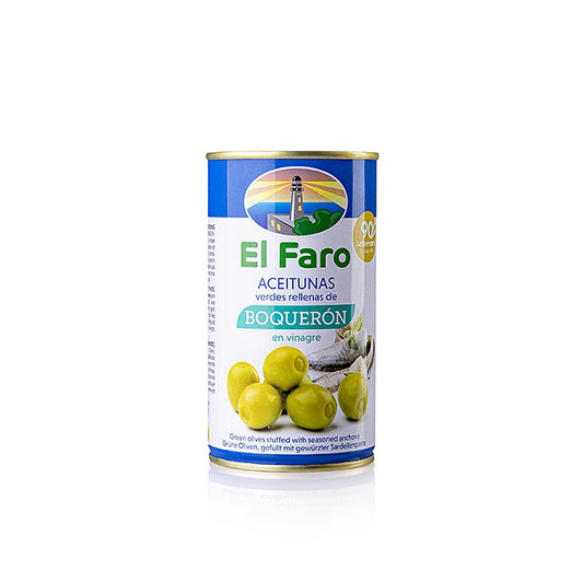 Green olives with anchovy boquerones (anchovy vinegar) from El Faro, 350g, perfect for adding a savory and tangy flavor to your favorite dishes