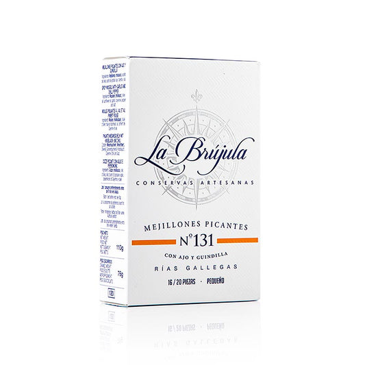 Verse en sappige Pikante mosselen van La Brújula, 16-20 stuks in een 110 g verpakking (N°131)
