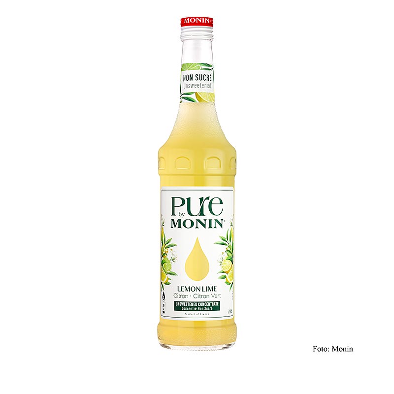Monin PURE Citroenlimoen is a 700 ml ongezoet (unsweetened) syrup with a ratio of 1:25