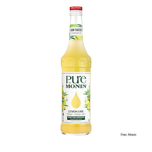 Monin PURE Citroenlimoen is a 700 ml ongezoet (unsweetened) syrup with a ratio of 1:25