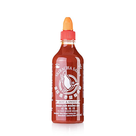 Afbeelding van Flying Goose Sriracha chilisaus, zoet en heet, in een fles van 455 ml