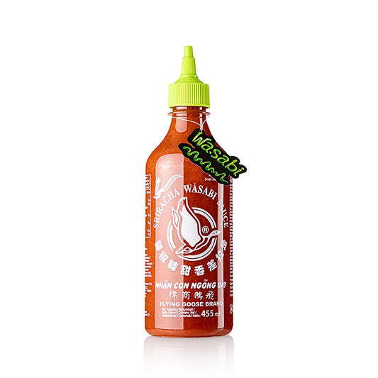 Sriracha chilisaus met wasabi van Flying Goose, 455 ml fles, pittige Thaise saus voor extra smaak en pit
