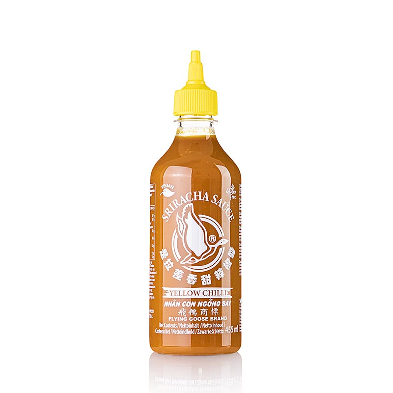455 ml bottle of Flying Goose Sriracha chili sauce made from yellow chilis