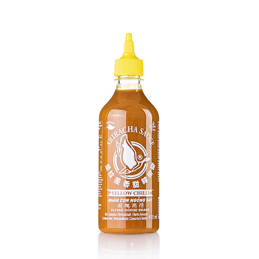 455 ml bottle of Flying Goose Sriracha chili sauce made from yellow chilis