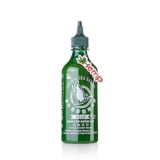 A 445 ml bottle of Flying Goose Sriracha chilisaus with hennep