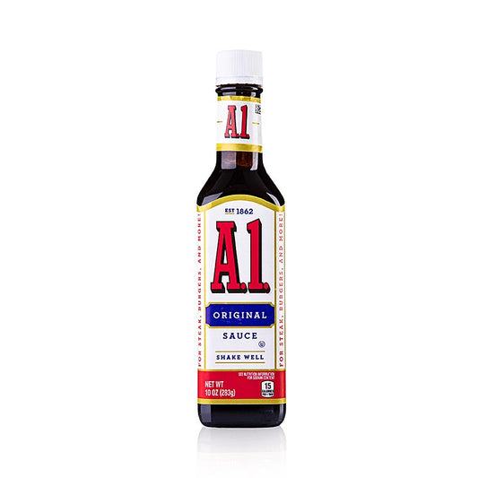 Alt text: Afbeelding van een fles Steak saus A1 van 245 ml, een heerlijke smaakvolle saus perfect voor het op smaak brengen van vlees- en grillgerechten