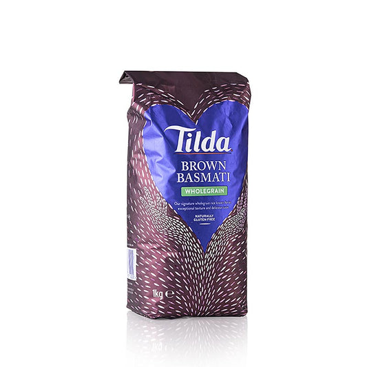 Langkorrelige Tilda Basmati bruine rijst verpakt in een zak van 1 kg