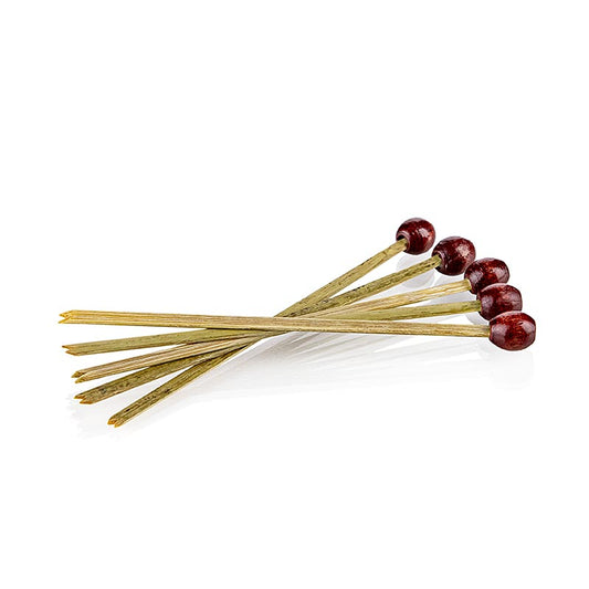 Bamboespies "met spleet" met rode parel, 8 cm lang, 100 stuks
