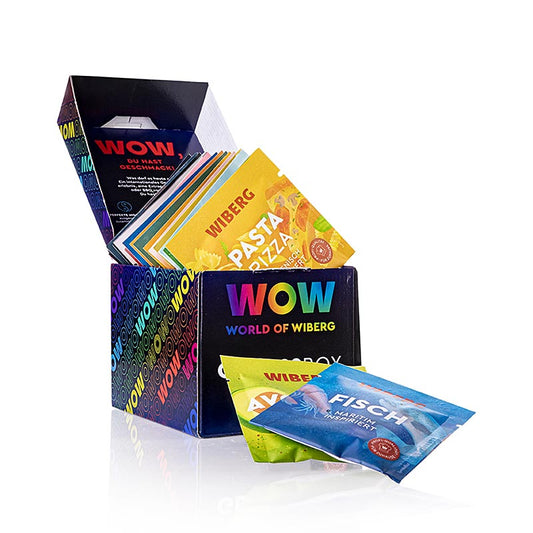 Colorful assortment of 16 Wiberg WOW Delight Box 20 flavor packets, 157g, individual 16g servings