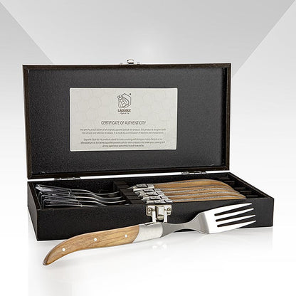 Vorkenset van 6, olijfhouten handvat, houten kistje, Laguiole, 1 stuk