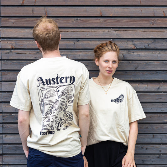 BOS FOOD T-shirt Oyster in sand color, size S, oversized fit, front view