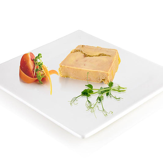 Eendenleverblok, foie gras, met vijgen, trapeziumvormige schaal, Rougie, 180 g