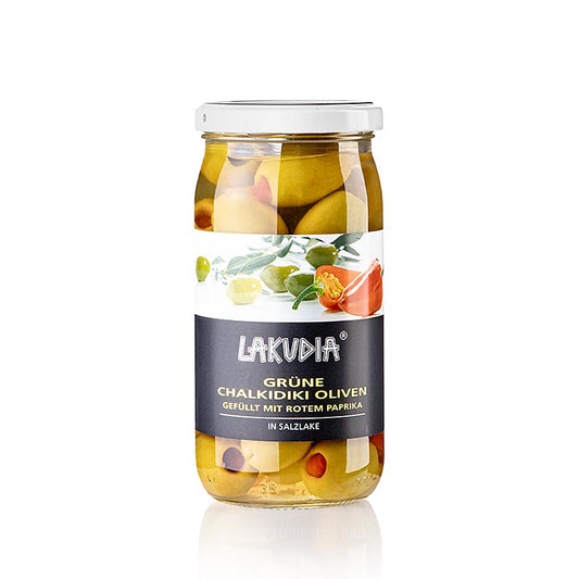 Groene olijven "Chalkidiki", zonder pit, met paprika, Lakudia, 355 g