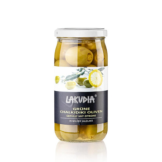 Groene olijven "Chalkidiki", zonder pit, met citroen, Lakudia, 355 g
