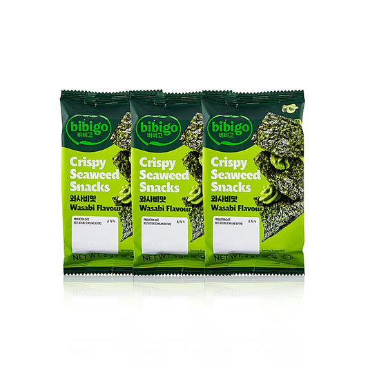 Zeewiersnack Wasabi Flavour, knapperige zeewierblaadjes, Bibigo, 15 g