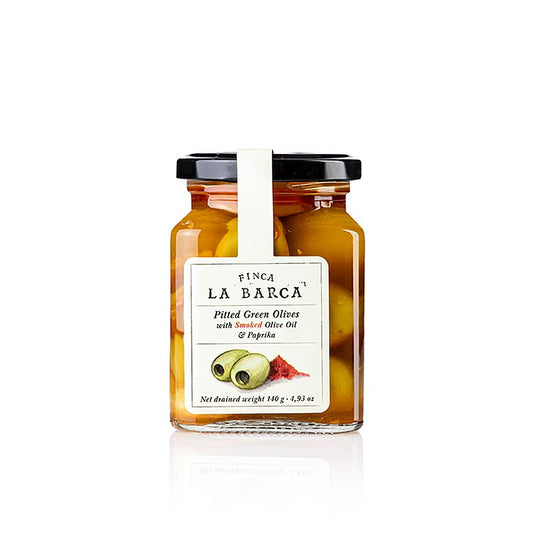 Groene olijven, ontpit, met gerookte paprika & kruiden, Finca La Barca, 140 g