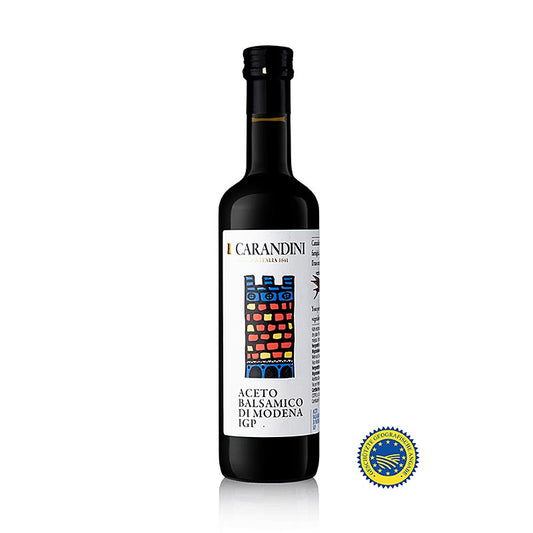 Bouteille de 500 ml d'Aceto Balsamico Modena IGP, 6 mois d'âge, avec château coloré sur l'étiquette