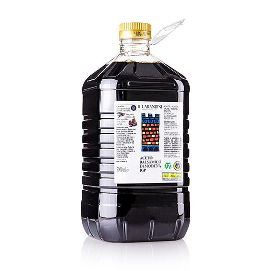 Carandini Aceto Balsamico Modena IGP, 6 mois, Classico (château coloré, anciennement Ducale), 5 l - Image d'une bouteille avec l'étiquette colorée du produit