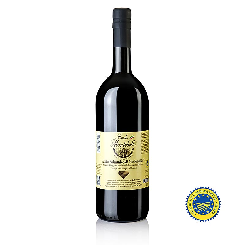 Fondo Montebello - Aceto Balsamico di Modena PGI, FM 02, 1 litre - Une bouteille de 1 litre d'Aceto Balsamico di Modena PGI primé, idéal pour enrichir les salades, les plats de viande et autres.