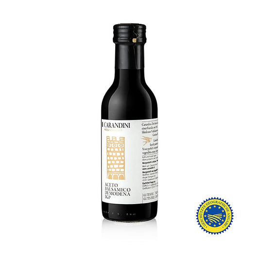 Carandini Aceto Balsamico di Modena IGP, 2 ans, Riserva Speciale (Imperiale), 250 ml - Une bouteille spéciale de 250 ml de la Riserva Speciale Aceto Balsamico di Modena de Carandini, de grande qualité, âgée de 2 ans.