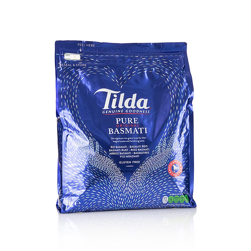 Riz basmati à grains longs de Tilda, emballé dans un sac pratique de 5 kg à fermeture à glissière