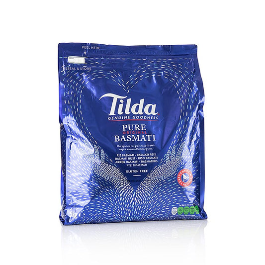 Riz basmati à grains longs de Tilda, emballé dans un sac pratique de 5 kg à fermeture à glissière
