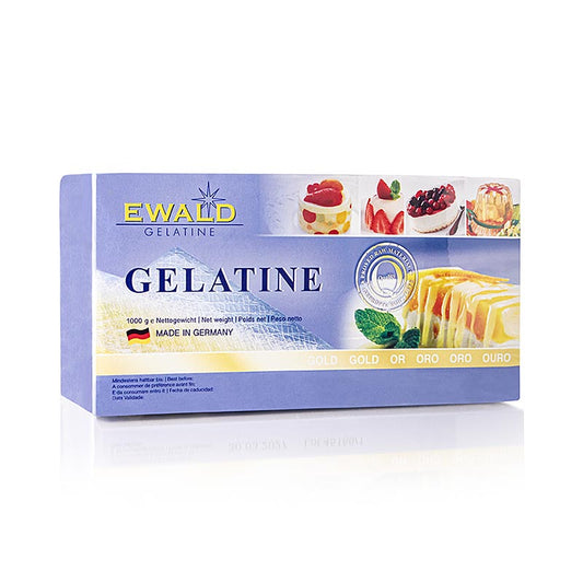 Gélatine en feuilles - Or, 210 Bloom, 1 kg, env. 500 pièces - image du produit avec des feuilles de gélatine de haute qualité dans un emballage doré