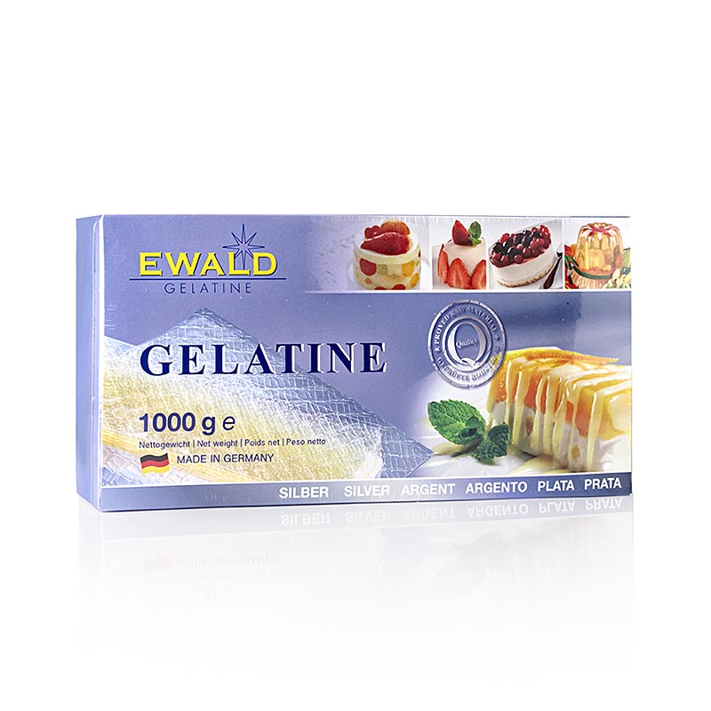 Feuille de gélatine - argent, 160 Bloom, 1 kg, environ 420 pièces - Un paquet de 1 kilogramme de feuille de gélatine argentée avec une valeur Bloom de 160, ce qui correspond à environ 420 pièces.