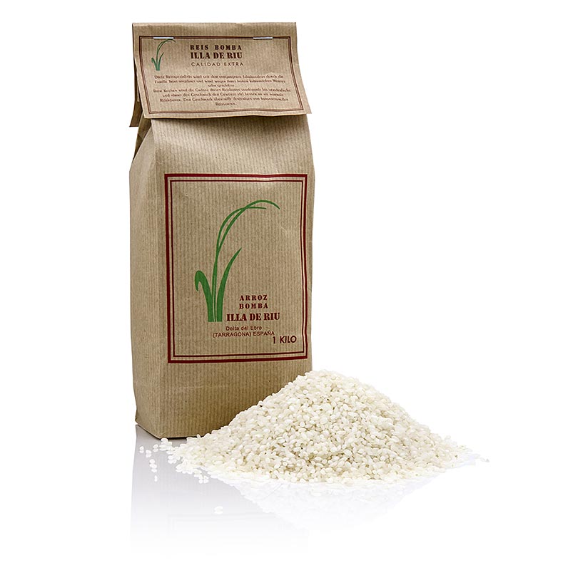 Emballé 1 kg Arroz Bomba, riz à grains ronds du delta de l'Ebre en Espagne, adapté à la préparation de paëllas et de risottos