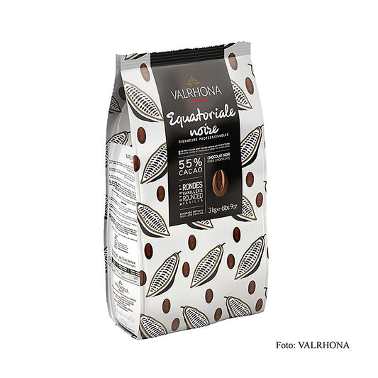 Valrhona Equatoriale Noire, couverture noire, Callets, 55% de cacao, 3 kg - Callets de chocolat de qualité supérieure avec une riche saveur noire et 55% de cacao, parfaits pour les pâtisseries et les desserts.