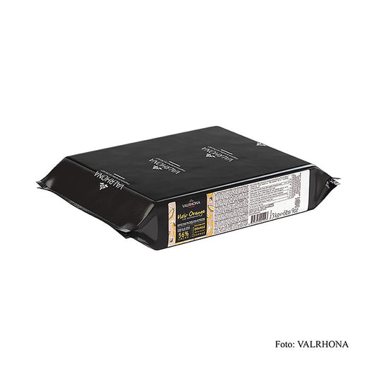 Valrhona Noir Orange - chocolat noir à l'orange, bloc, 53% de cacao, 3 kg - Image d'un grand bloc de chocolat noir à l'orange de Valrhona, avec une teneur en cacao de 53%, dans un paquet de 3 kg.