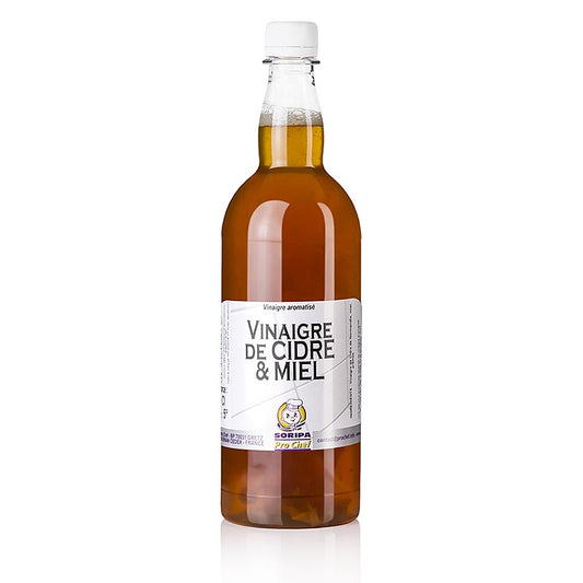 Vinaigre de pomme au miel, Soripa, bouteille de 1 litre - vinaigre de pomme biologique avec un soupçon de miel, idéal pour les vinaigrettes et les marinades.