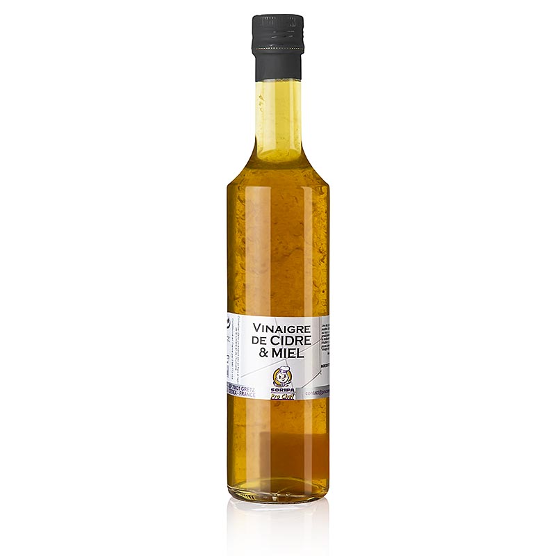 Vinaigre de miel de pomme de Soripa, conditionné en bouteille de 500ml, un assaisonnement naturel et biologique pour les salades et les plats.
