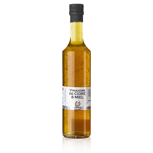 Vinaigre de miel de pomme de Soripa, conditionné en bouteille de 500ml, un assaisonnement naturel et biologique pour les salades et les plats.