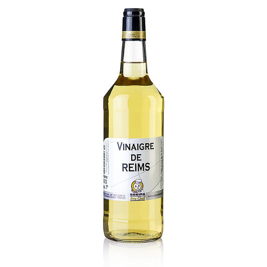 Vinaigre de Reims, vinaigre de Champagne Ardenne, 7% d'acidité, de la marque Soripa, en bouteille de 1 litre.