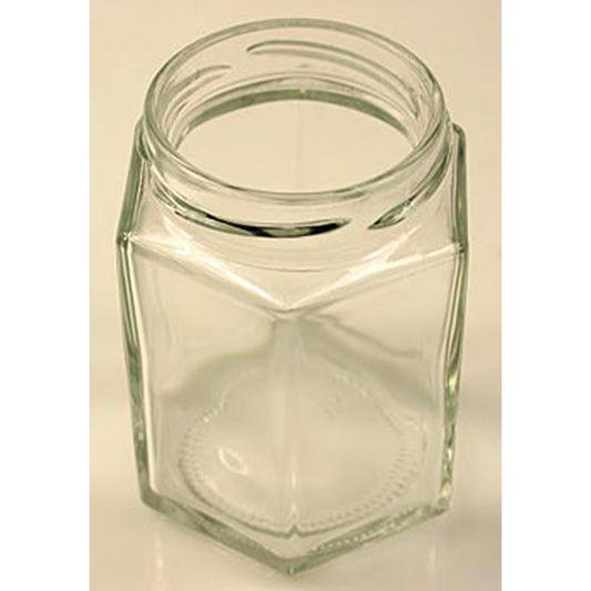 Bocal hexagonal transparent de 191 ml avec un diamètre de 58 mm, sans couvercle, disponible en emballage individuel.