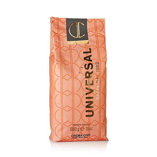 Espresso - Universal Supercrema - Crema Oro, grains entiers, 1 kg - Emballage de 1 kilogramme de grains entiers Espresso Universal Supercrema Crema Oro de haute qualité, parfaits pour préparer de délicieux espressos à la maison.