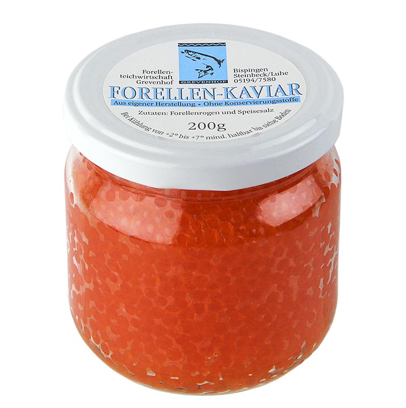 Gros plan sur le caviar de truite de qualité supérieure de 200 g dans une luxueuse couleur or-orange