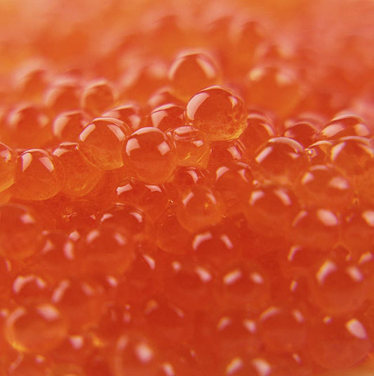 Caviar de truite fraîche d'une riche couleur orange dorée, 200 grammes