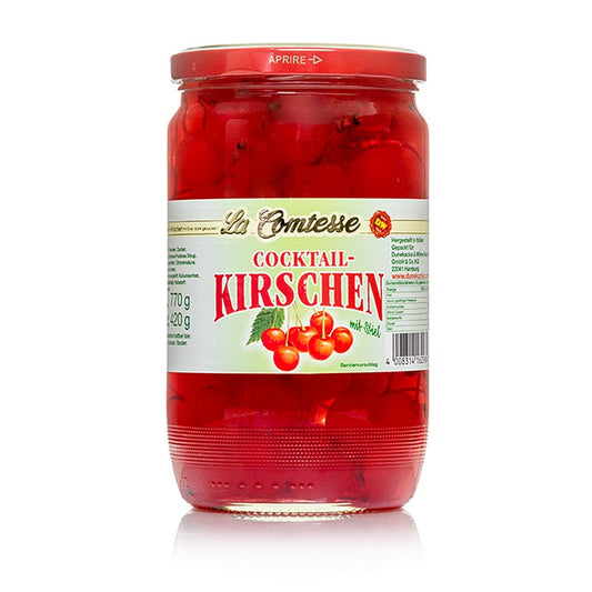 Cerises cocktail, rouges, avec pédoncule, 770 g - cerises fraîches et juteuses dans un bocal de 770 g
